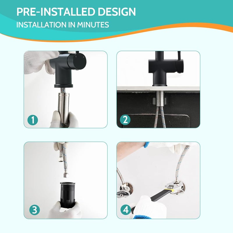 kicimpro Matte Black LED Kitchen Faucet with Pull Down Sprayer, 304 Stainless Black Faucet for Kitchen Sink, Modern Single Handle High Arc Bar Kitchen Sink Faucet for One Hole Or Three Hole Sink - Image 5